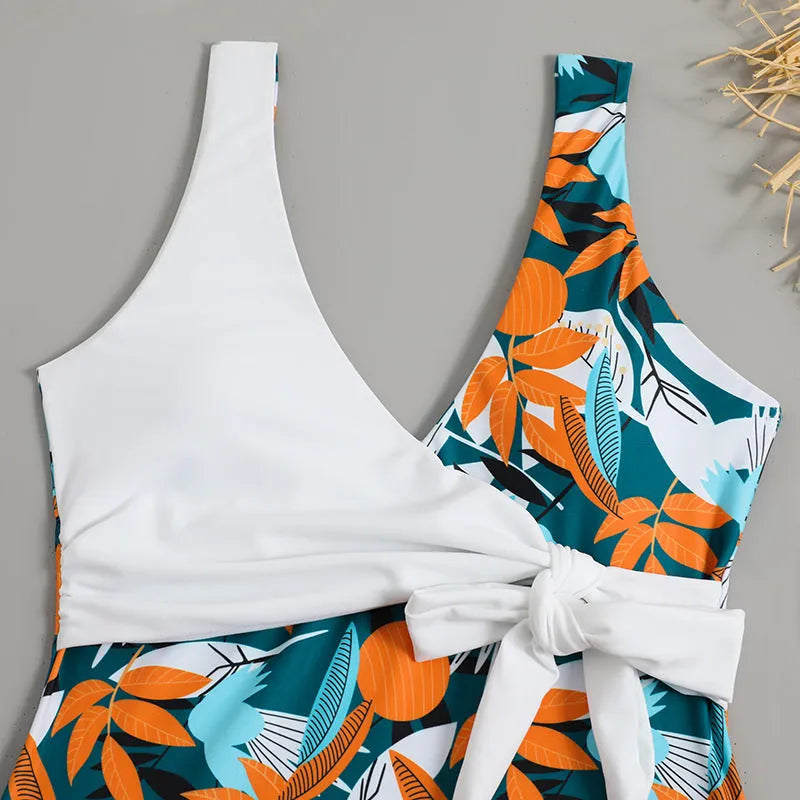Women's high waist one-piece bikini with printed pattern in polyester and nylon swimwear fabric