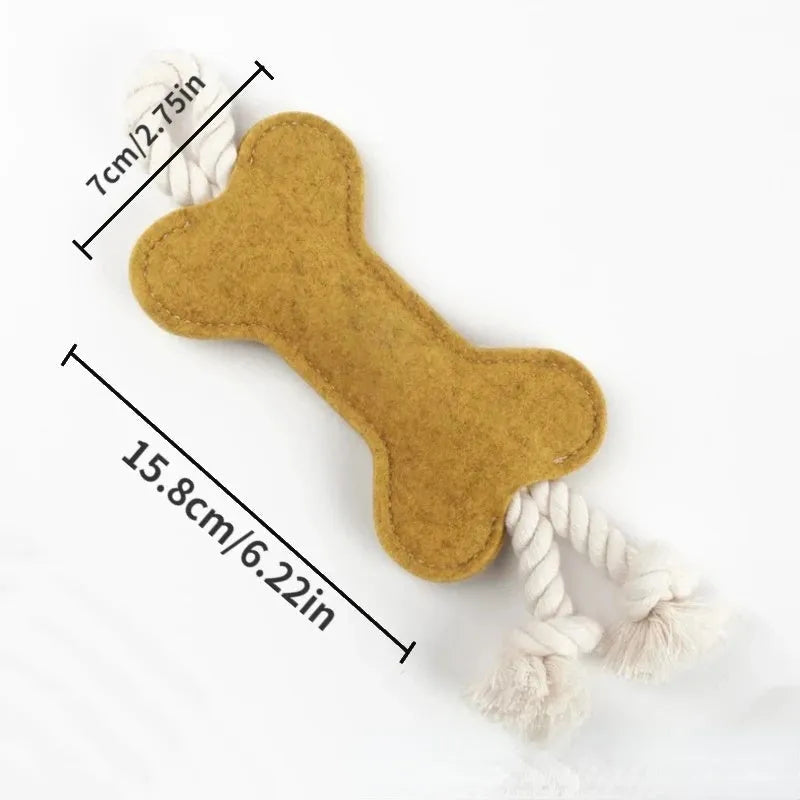 Bone-shaped dog toy with rope knots in four colour options showing dimensions of 16cm length