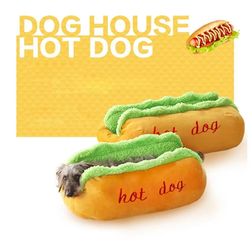 Brown hot dog bed with removable cushion for small medium large dogs