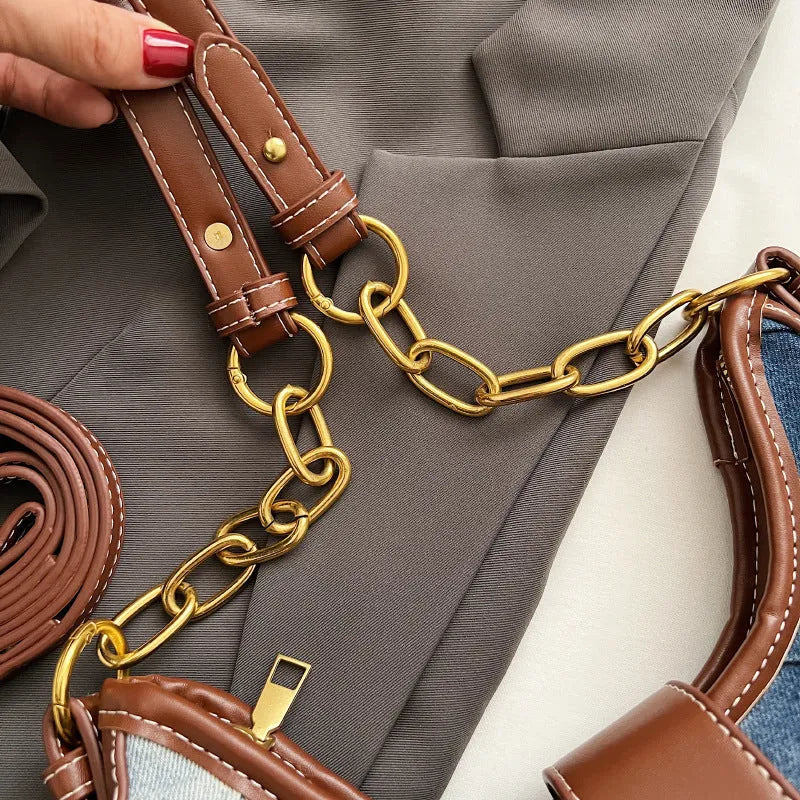 Brown denim women's shoulder bag with diamond chain straps and bucket shape design