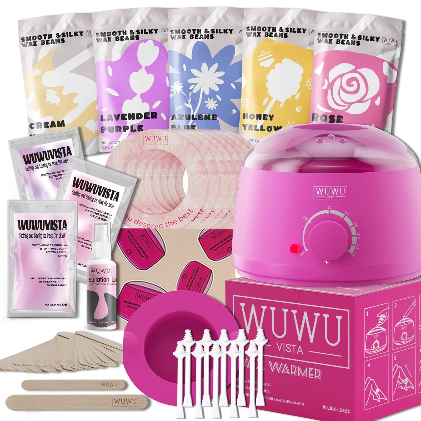 Professional waxing kit with 52 pieces including wax warmer, hard wax beans, applicators and post-treatment products