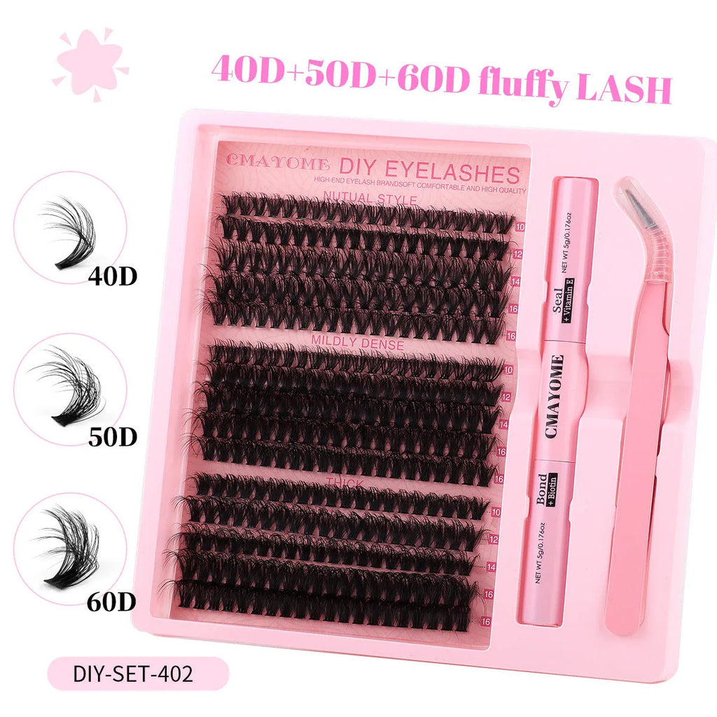 DIY false eyelashes extension kit showing single cluster synthetic lashes and lash tweezers