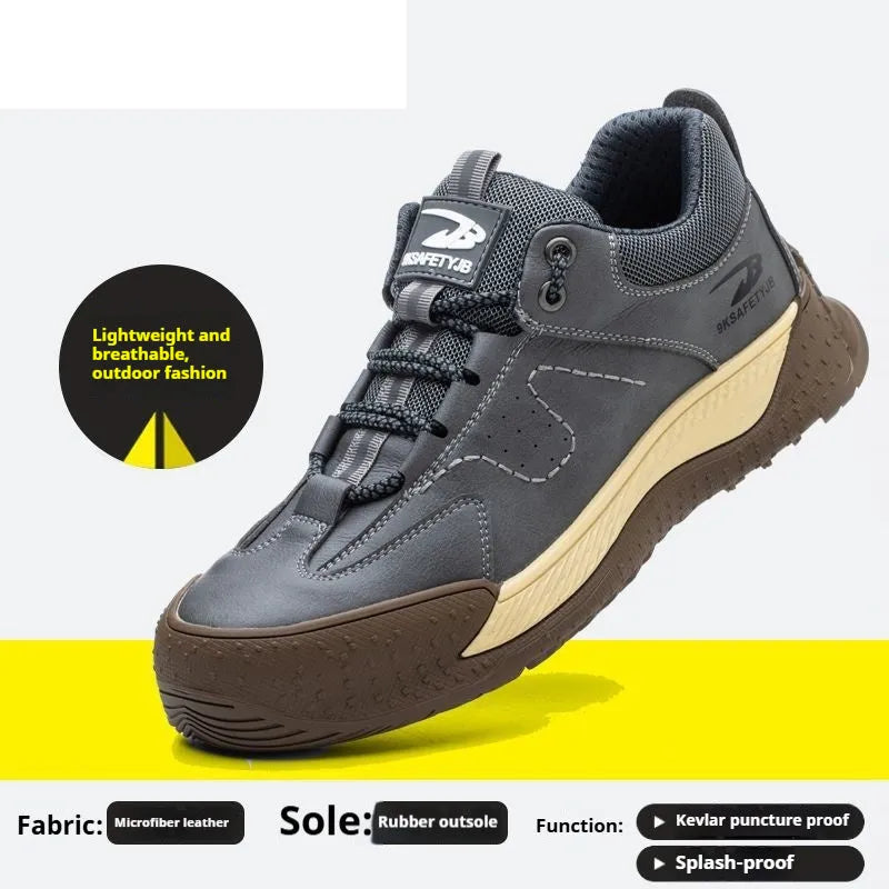 Flyknit leather work shoes with a rubber sole, shown in a choice of black, khaki, grey, or brown.