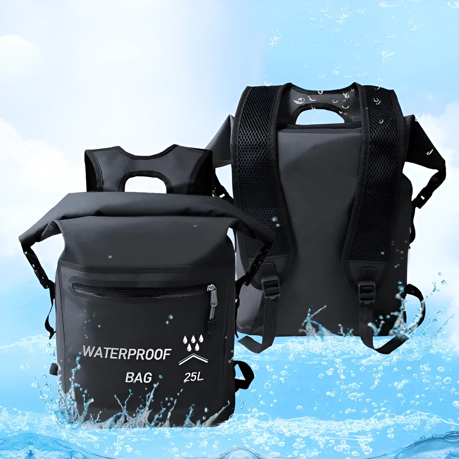 Black 25L outdoor waterproof backpack for swimming river tracing rafting