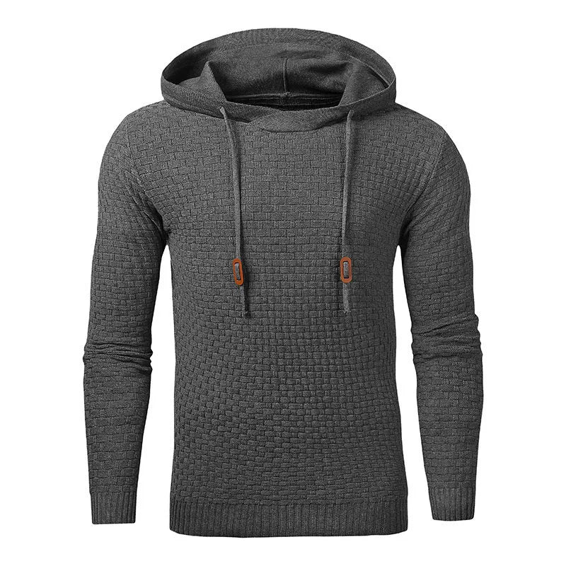Men's hoodie sweater in a cotton-polyester blend, shown in one of nine available colours.