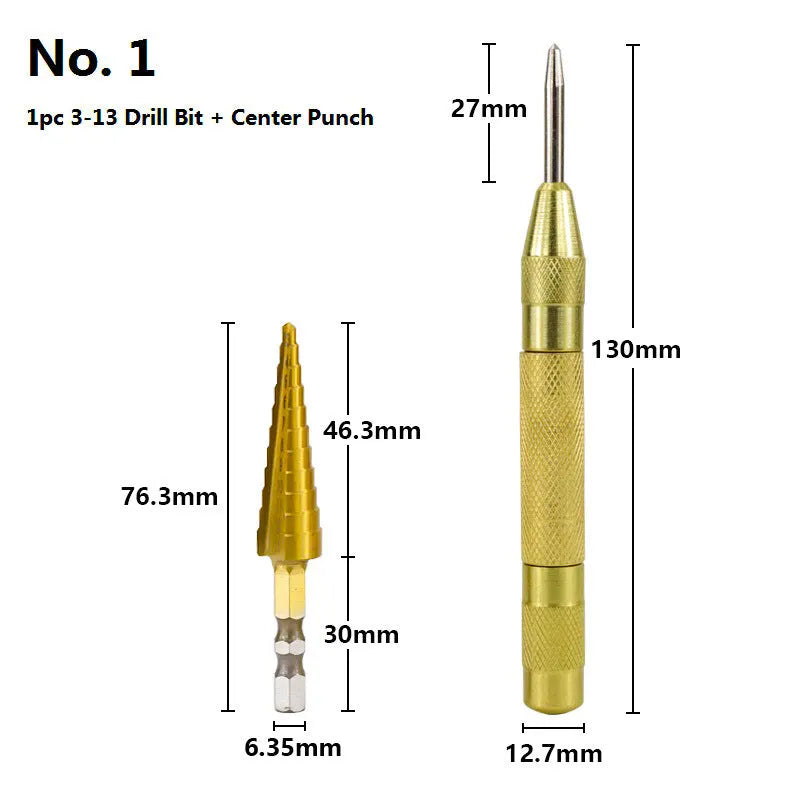 Cone-shaped step drill bits and a centre punch from a high-speed steel tool set on a workshop bench.