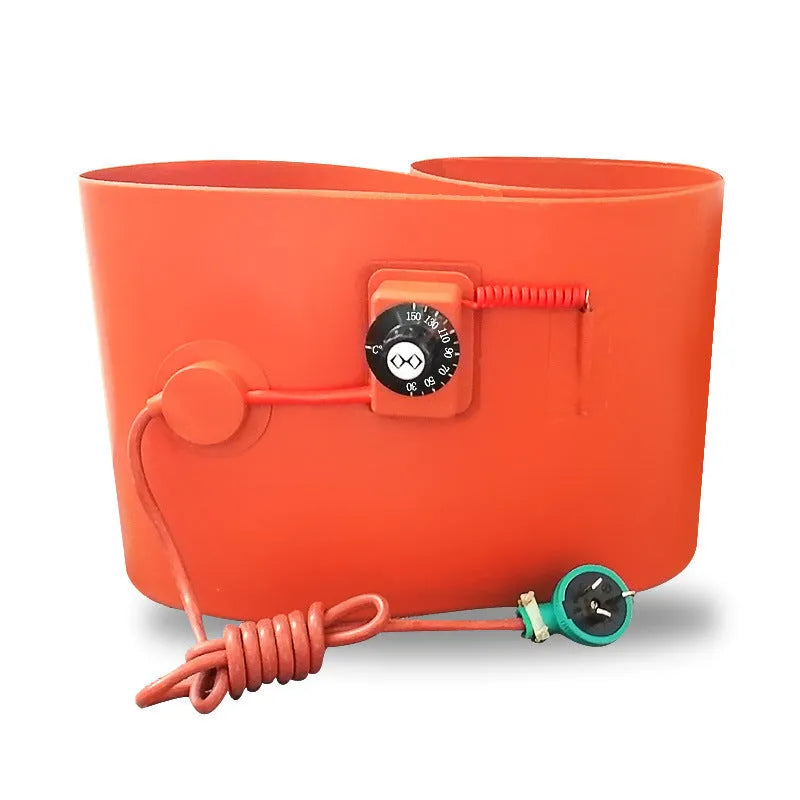 Silicone rubber heating belt wrapped around a 200-litre oil drum with digital thermostat display.