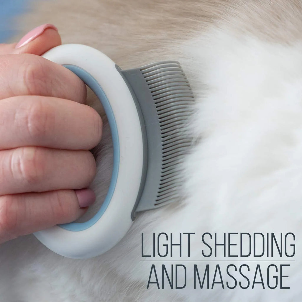 Blue pet grooming comb with ergonomic handle and soft teeth for cat and dog deshedding