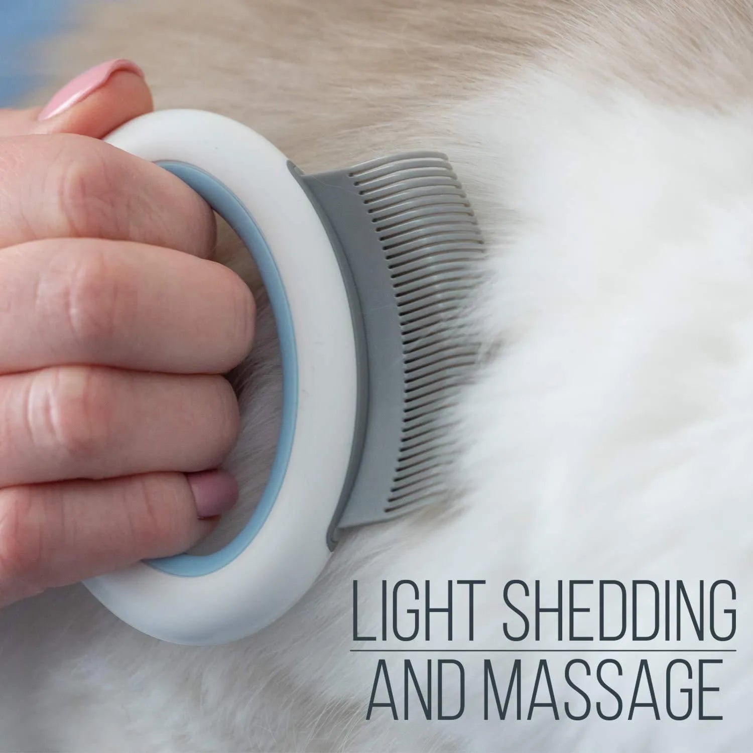 Blue pet grooming comb with ergonomic handle and soft teeth for cat and dog deshedding