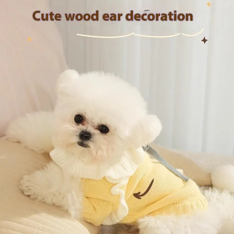 Autumn acrylic puppy sweater in yellow XINGX design with size chart showing measurements