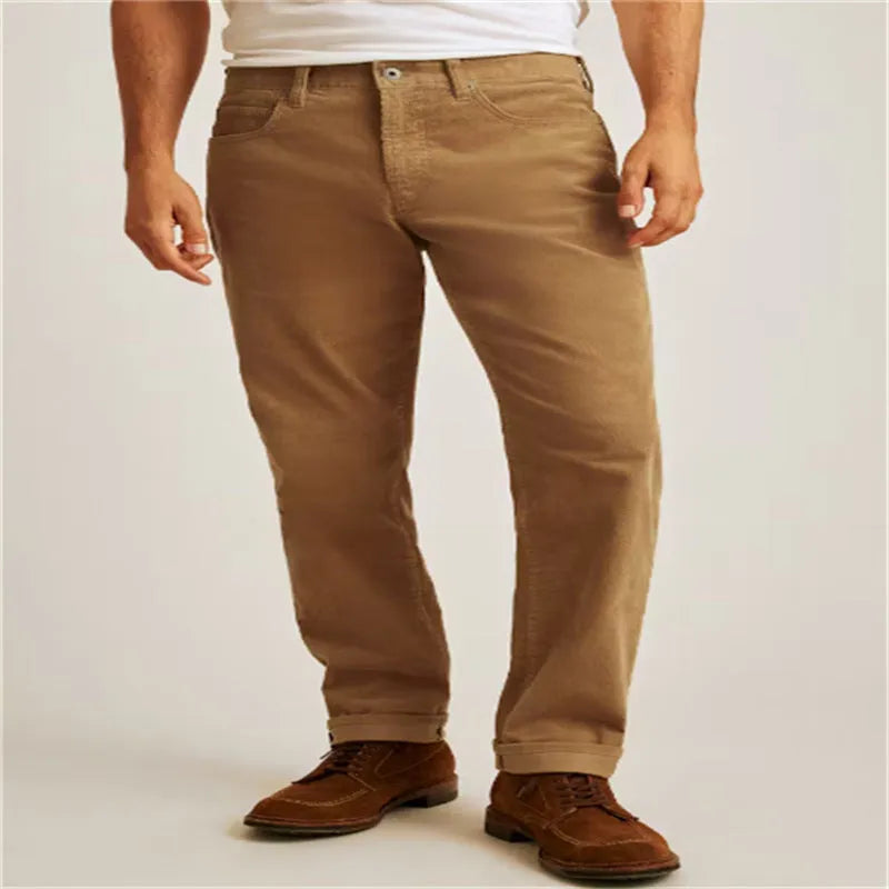 Corduroy straight-leg casual trousers in green colour with mid waist design and zip fly