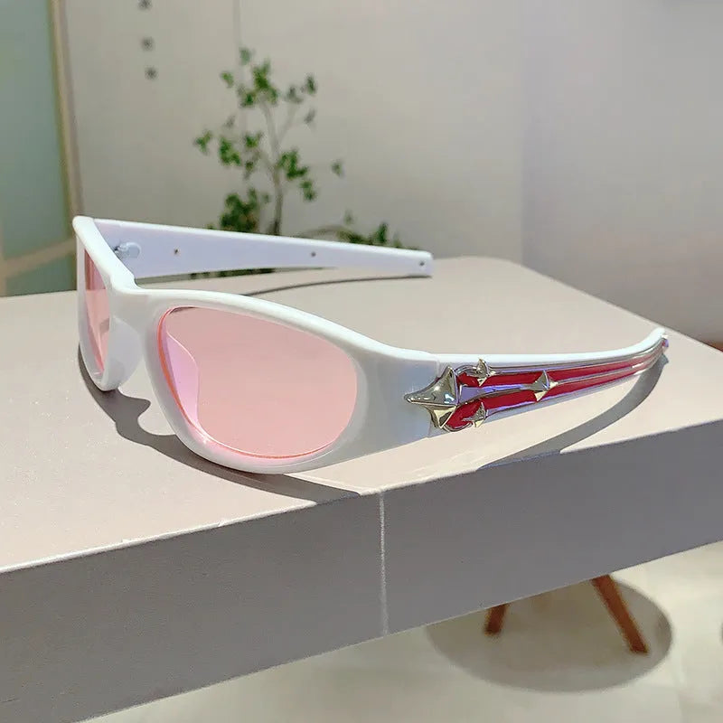 Sports sunglasses with a polycarbonate frame and lenses, shown in a choice of colours including black, red, and transparent gray.