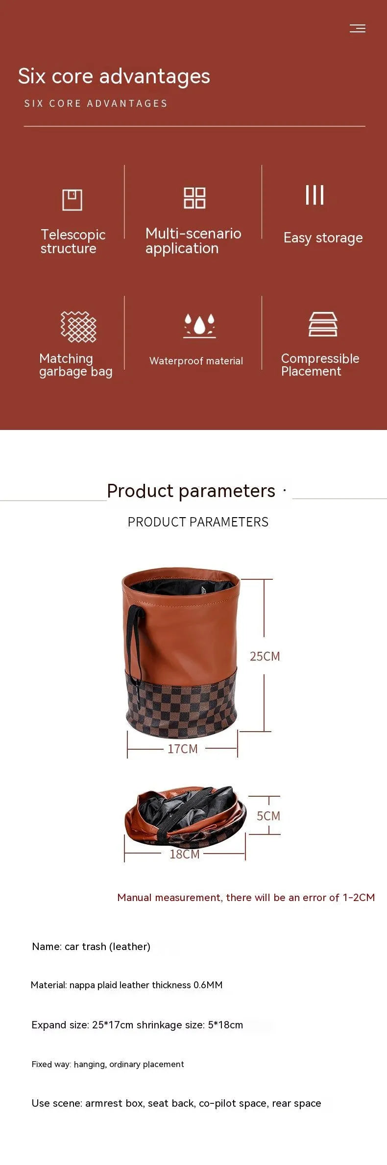 Black leather car trash can with handle showing folded and expanded positions for vehicle waste management