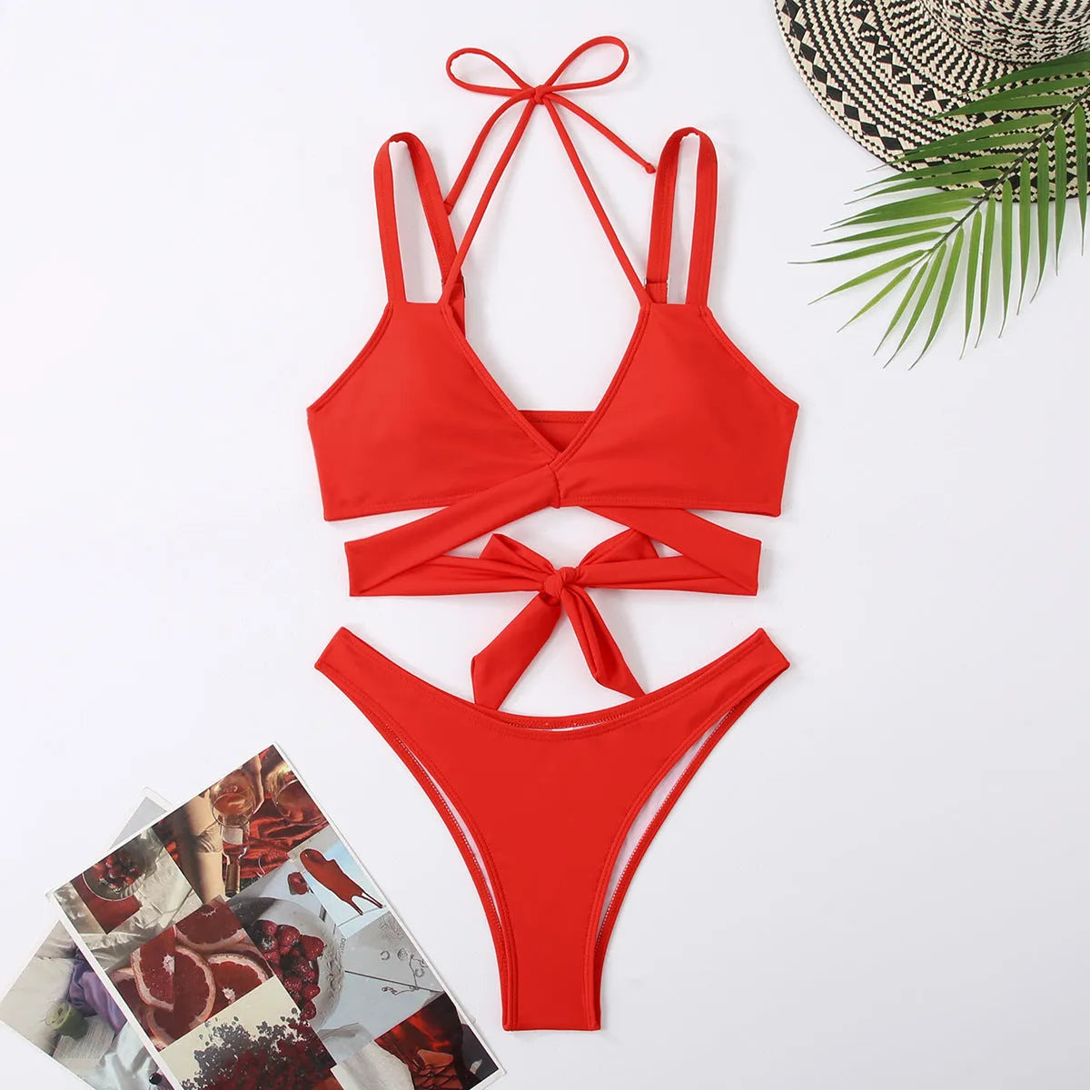 Solid colour strap bikini swimsuit in multiple colour options with sleeveless briefs design