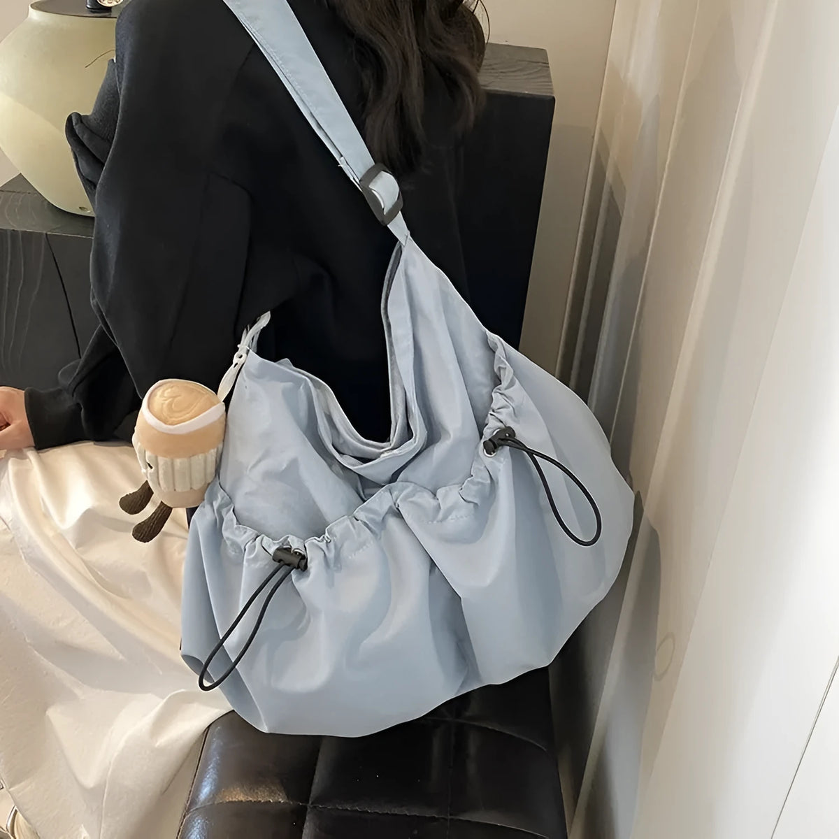 Ultra-light pleated crossbody student bag in soft polyester with split pockets