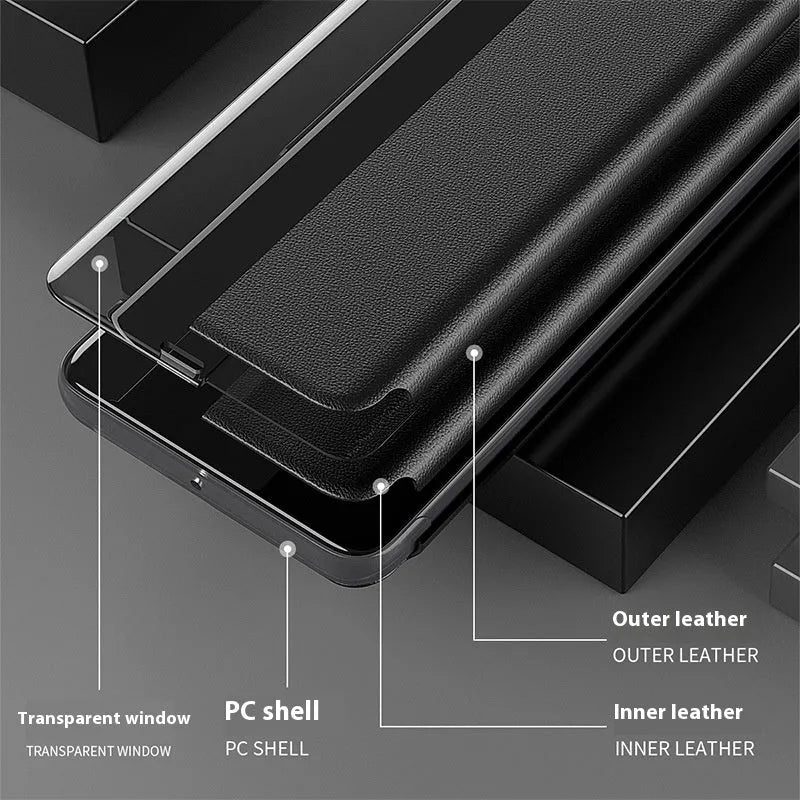 Magnetic side window phone case with flip bracket for Huawei Honor in Still Night Black PC leather