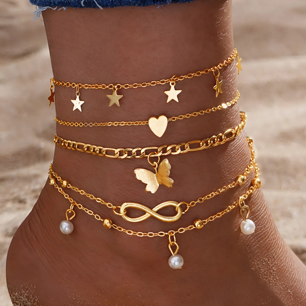 Women's 4-piece anklet set with butterfly, pearl and heart charms in alloy