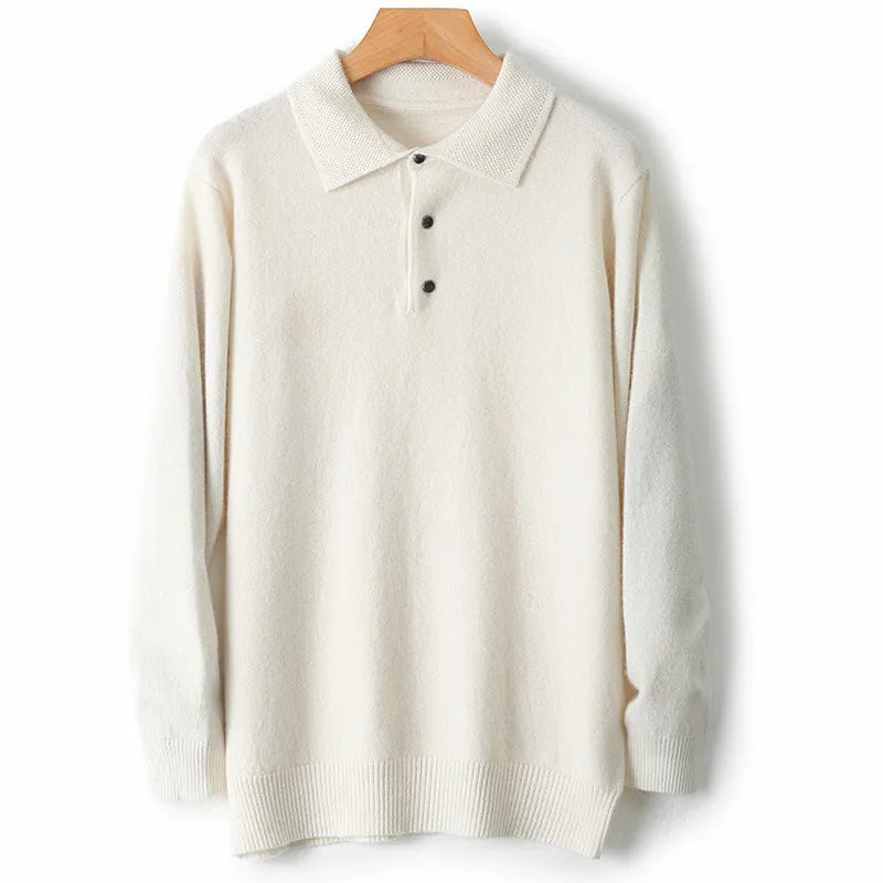 Men's woolen polo collar sweater pullover in black with long sleeves and stitched craft detail
