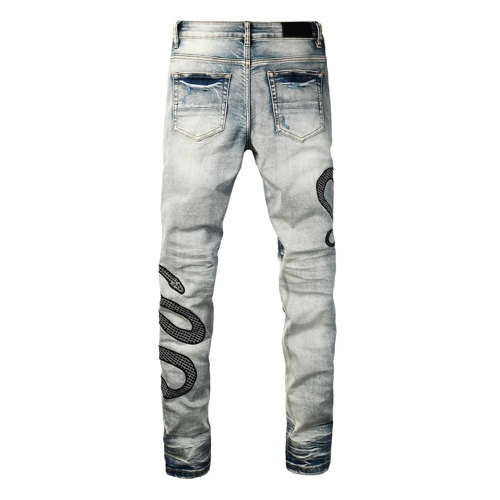 8934Blue distressed wash skinny jeans with micro elasticity and button fly opening