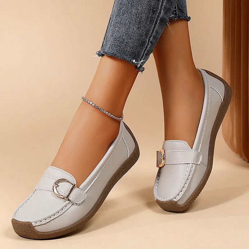 Women's casual loafers in light grey with round toe and flat sole slip-on design