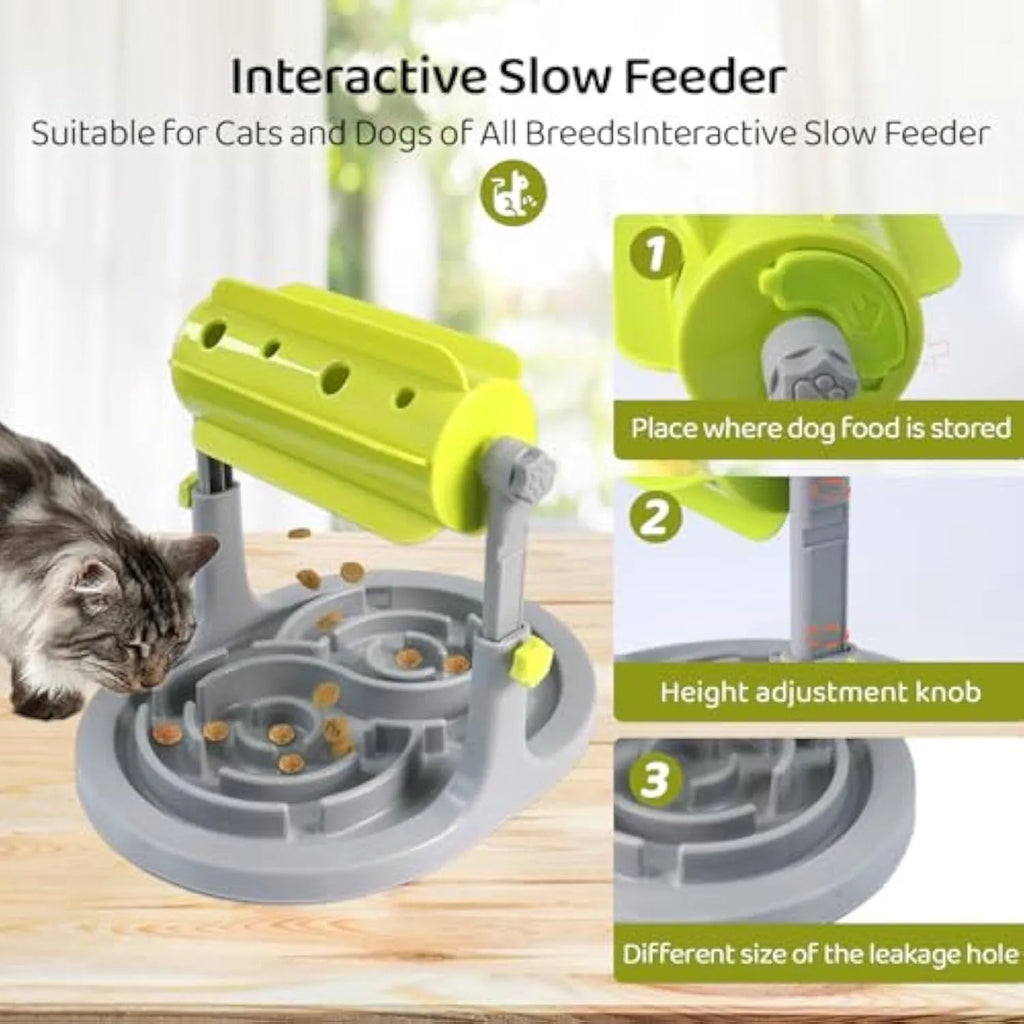 Interactive pet puzzle feeder bowl with adjustable height in blue, green, and pink colour options