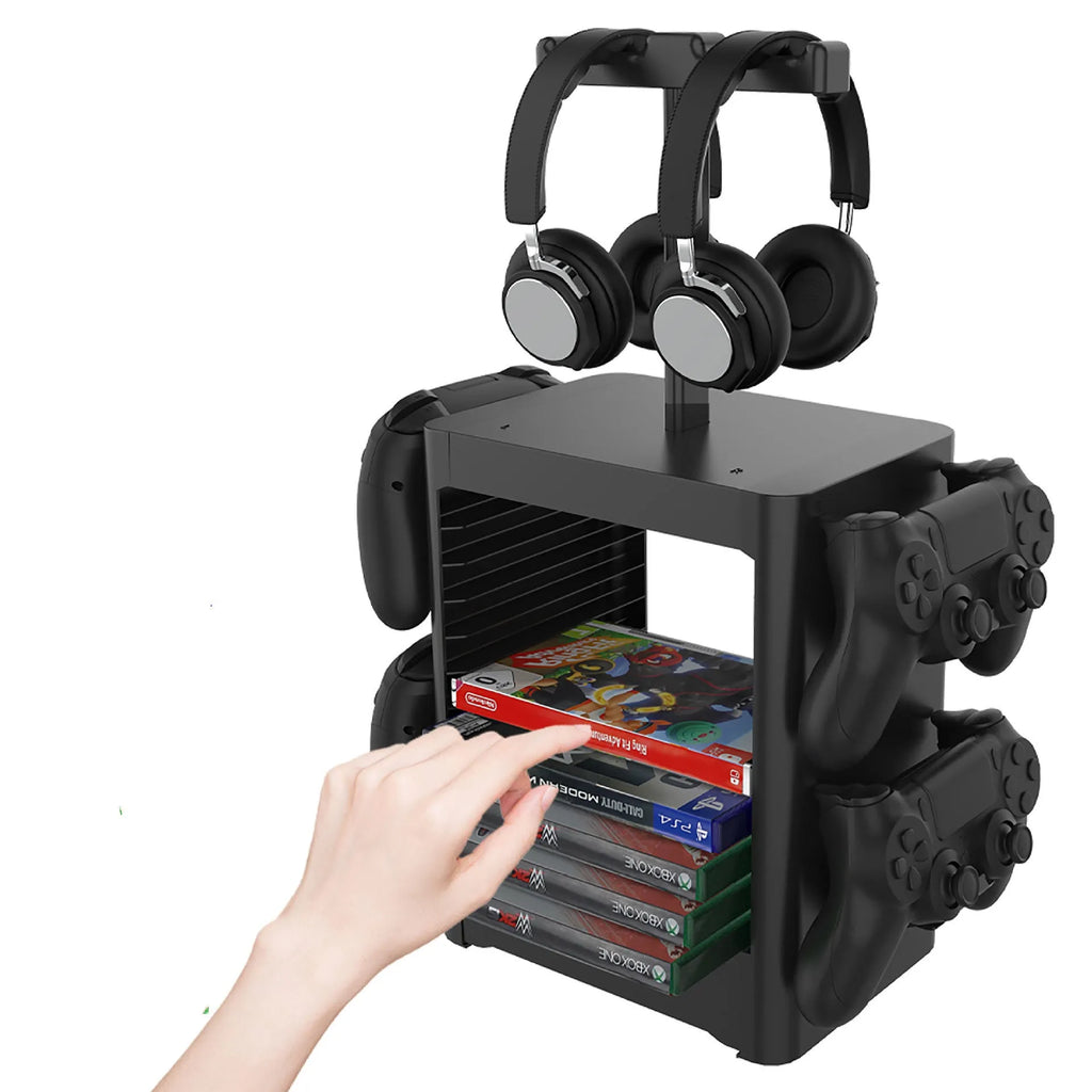 Black ABS plastic gaming accessory storage rack with hooks and a drawer for controllers and headphones