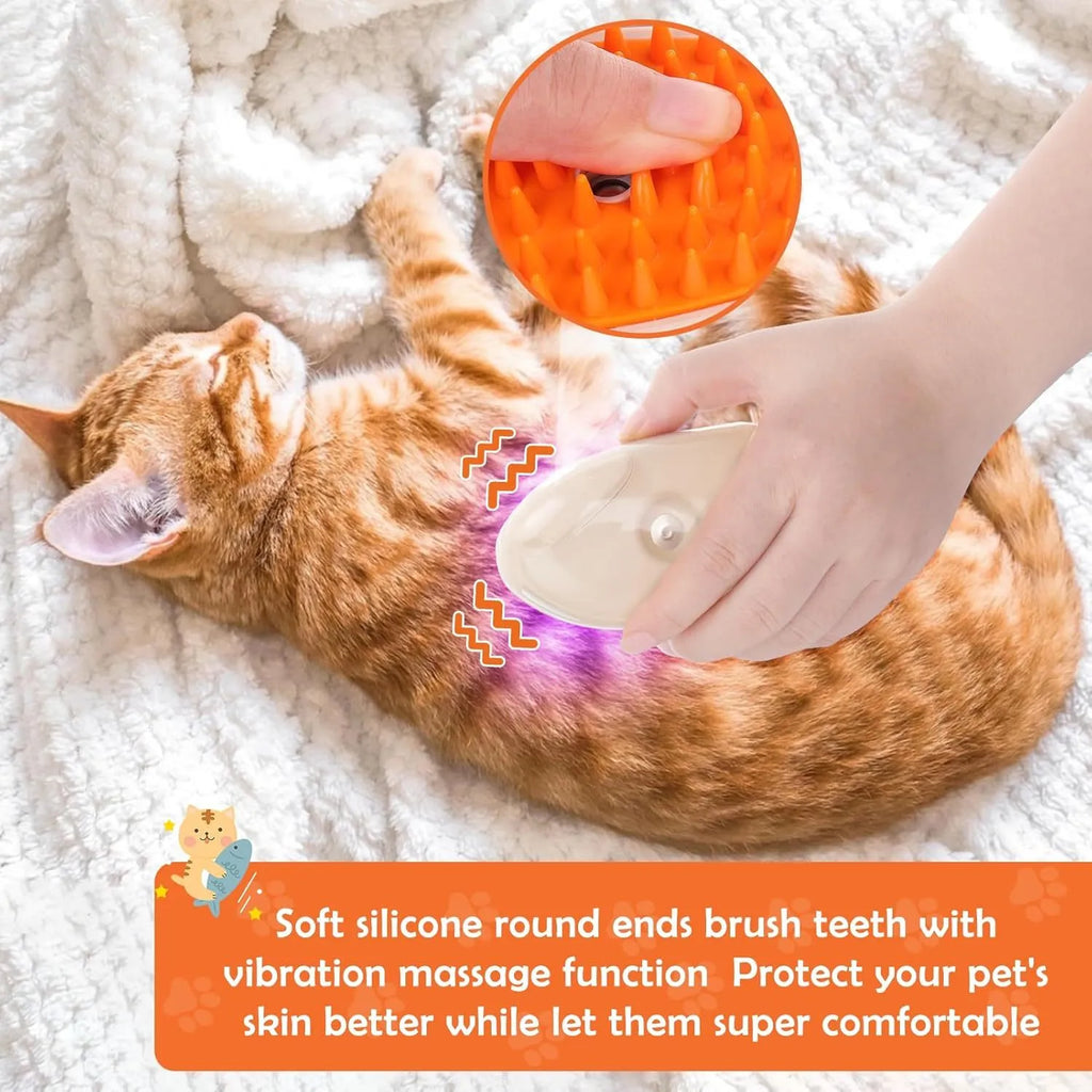 Yellow 4-in-1 cat steam brush with vibration massage and ringworm detector for pet grooming