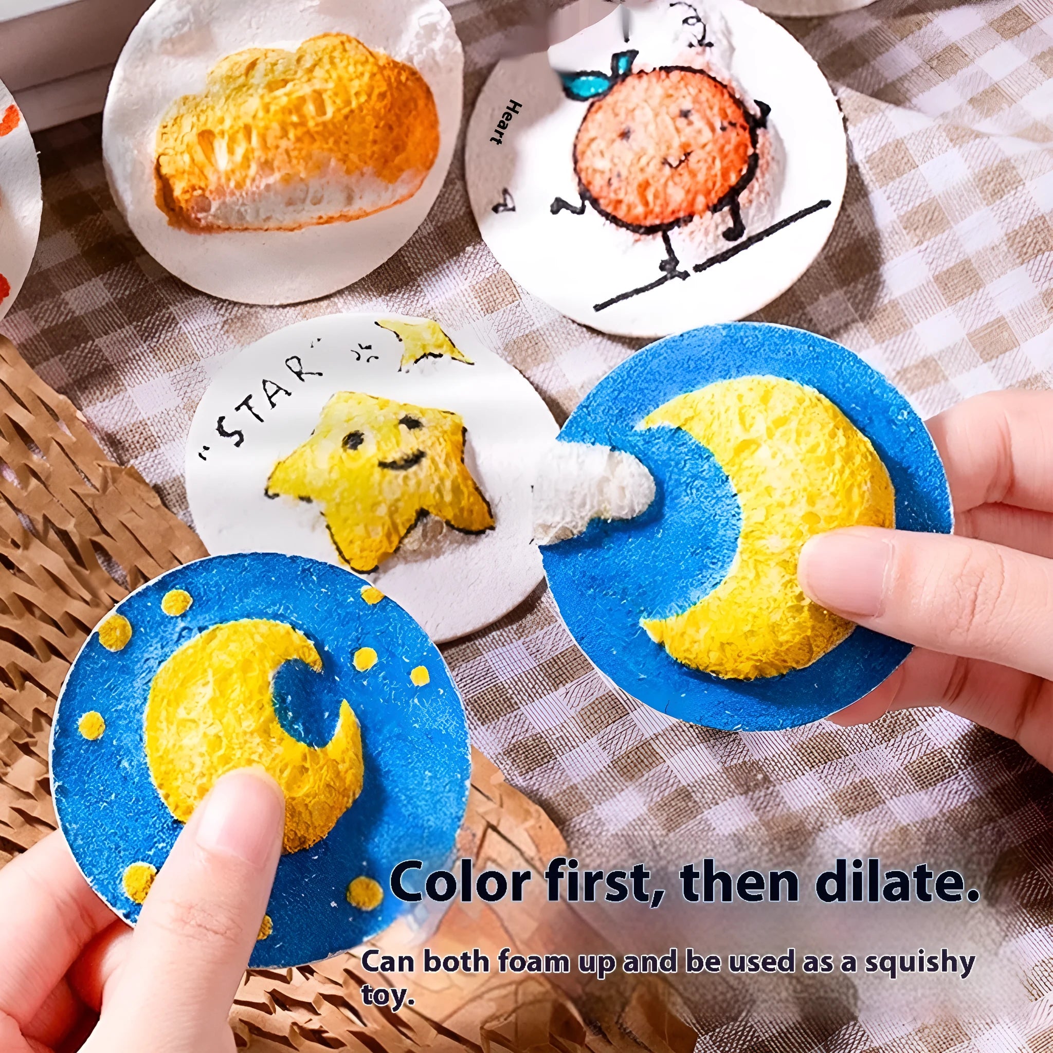 Cartoon wood pulp painting sponge set with heart, round, and square sponges and six fountain pens.