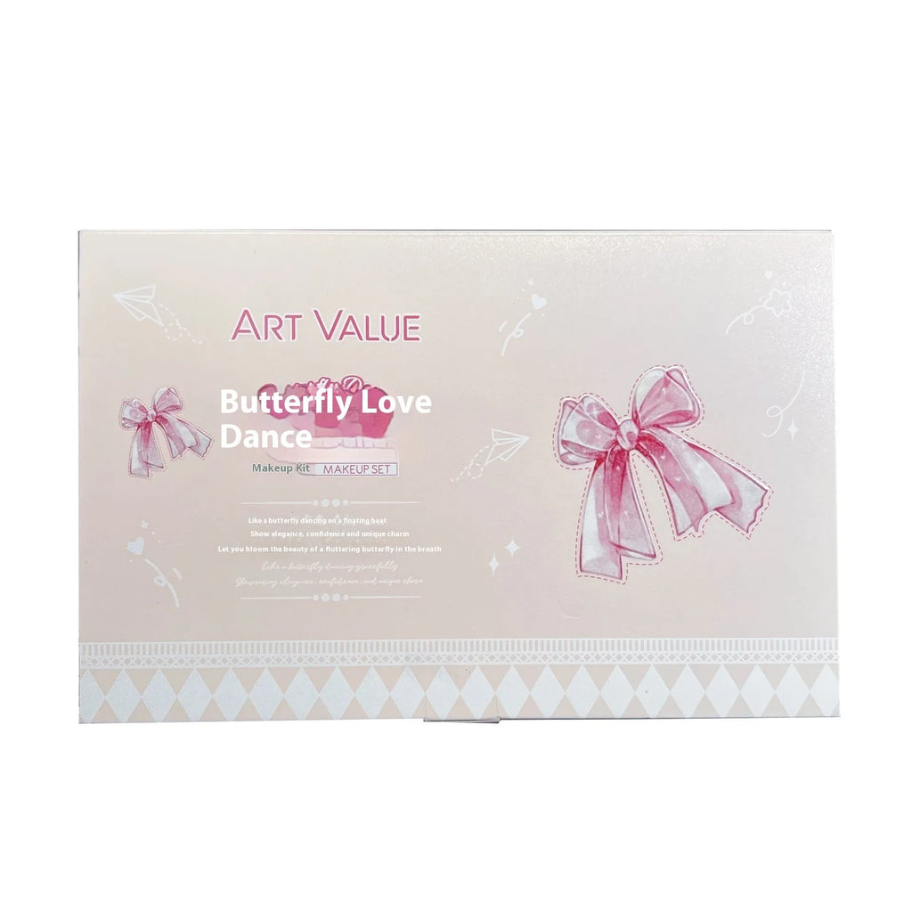 Butterfly Box makeup set showing four lip mud containers, powder blusher, and necklace in pink packaging