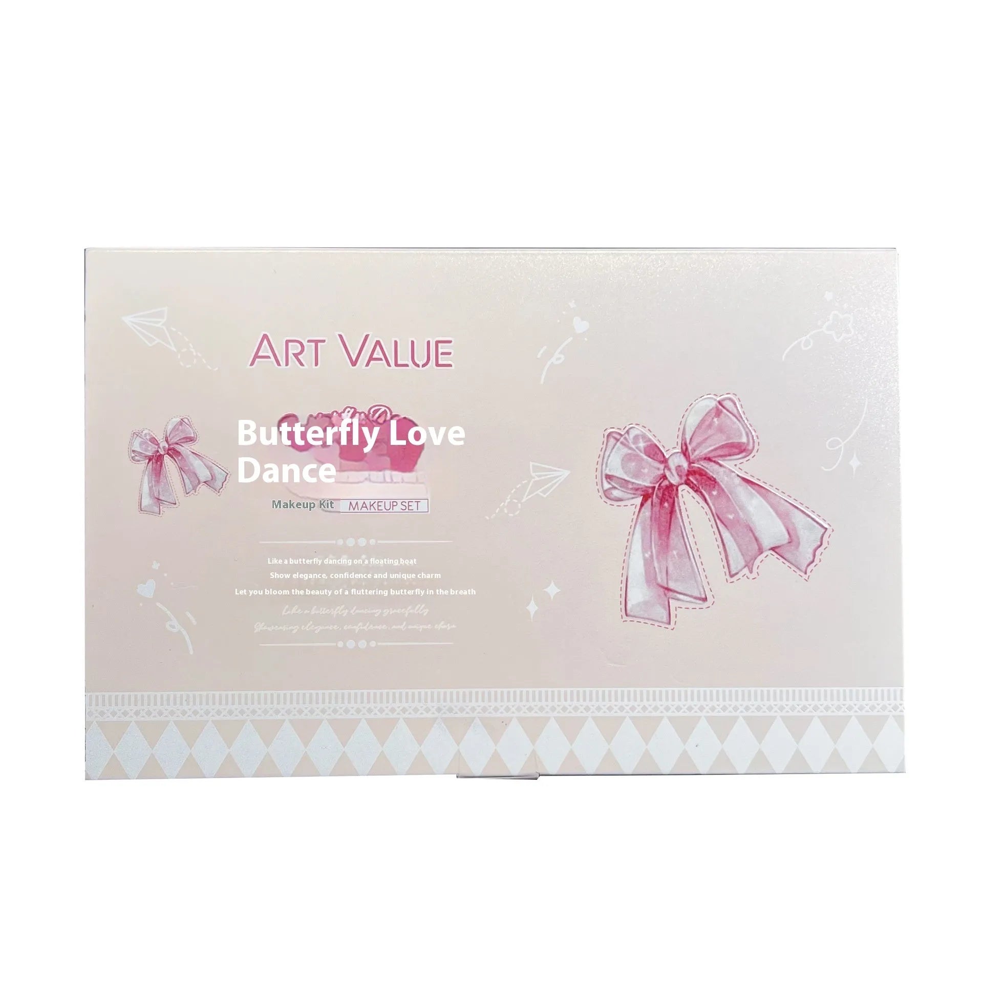 Butterfly Box makeup set showing four lip mud containers, powder blusher, and necklace in pink packaging