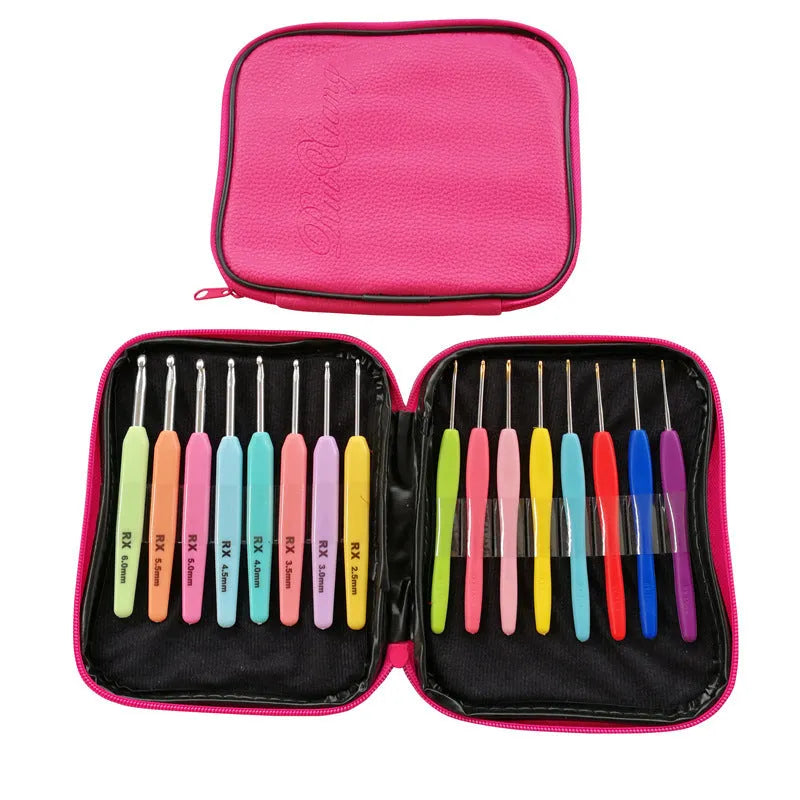 Set of 16 crochet hooks with different sized heads in a PU storage bag