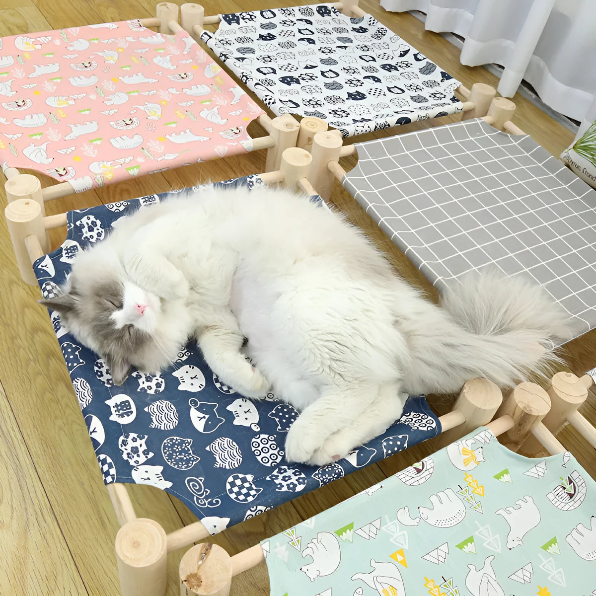 Wooden pet camping bed 44 x 51cm for cats and small pets in blue, grey, navy, pink, white or yellow