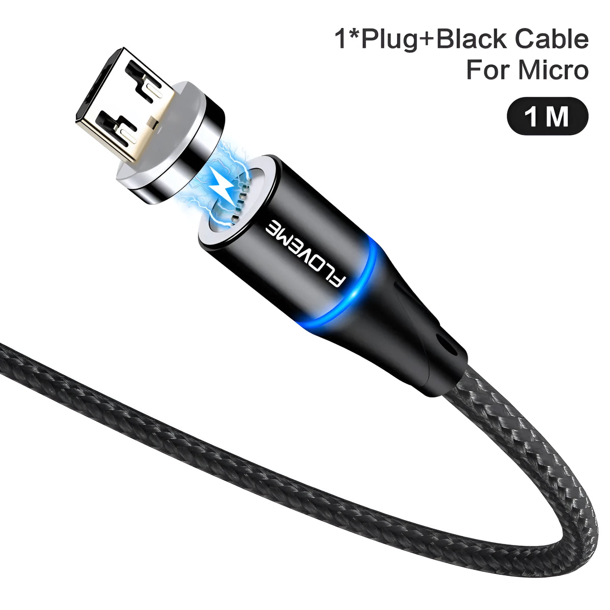 Black magnetic fast charge data cable with LED side lights and Type-C connector