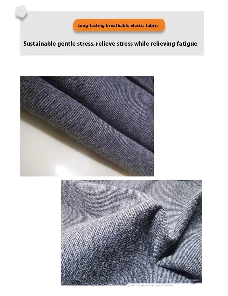 Heather grey dog anxiety jacket in brocade cotton ponte-de-roma fabric showing weight-based sizing options