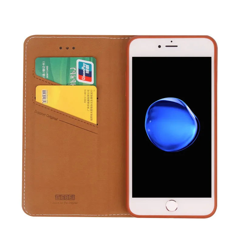 Black PU leather wallet case open to show iPhone slot and credit card holders