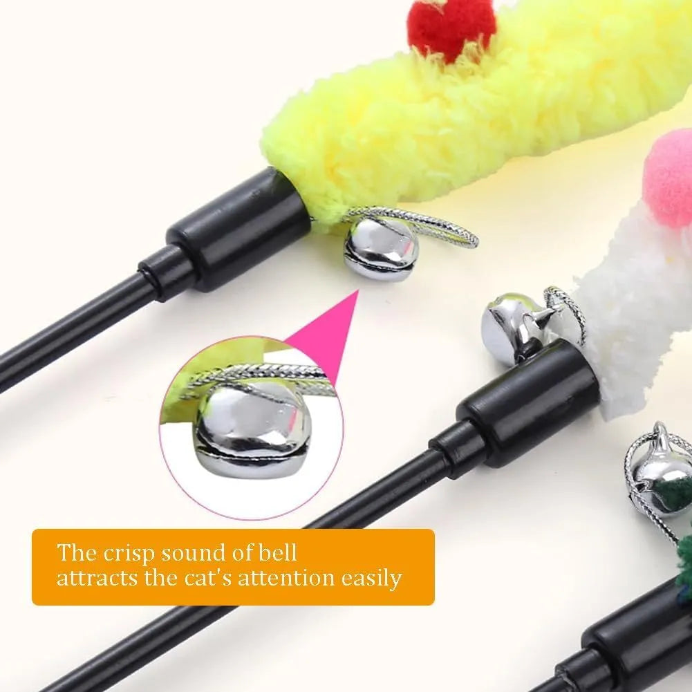 Interactive cat wand toy with colourful plush strip and bell for indoor feline play