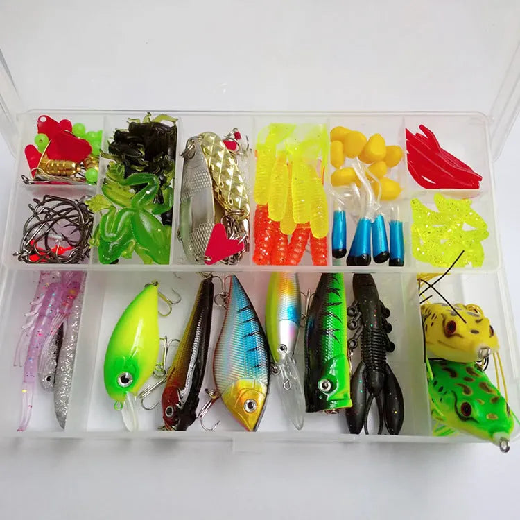142-piece fishing lure set showing metal hard minnow lures, plastic sequin baits, and fishing pliers