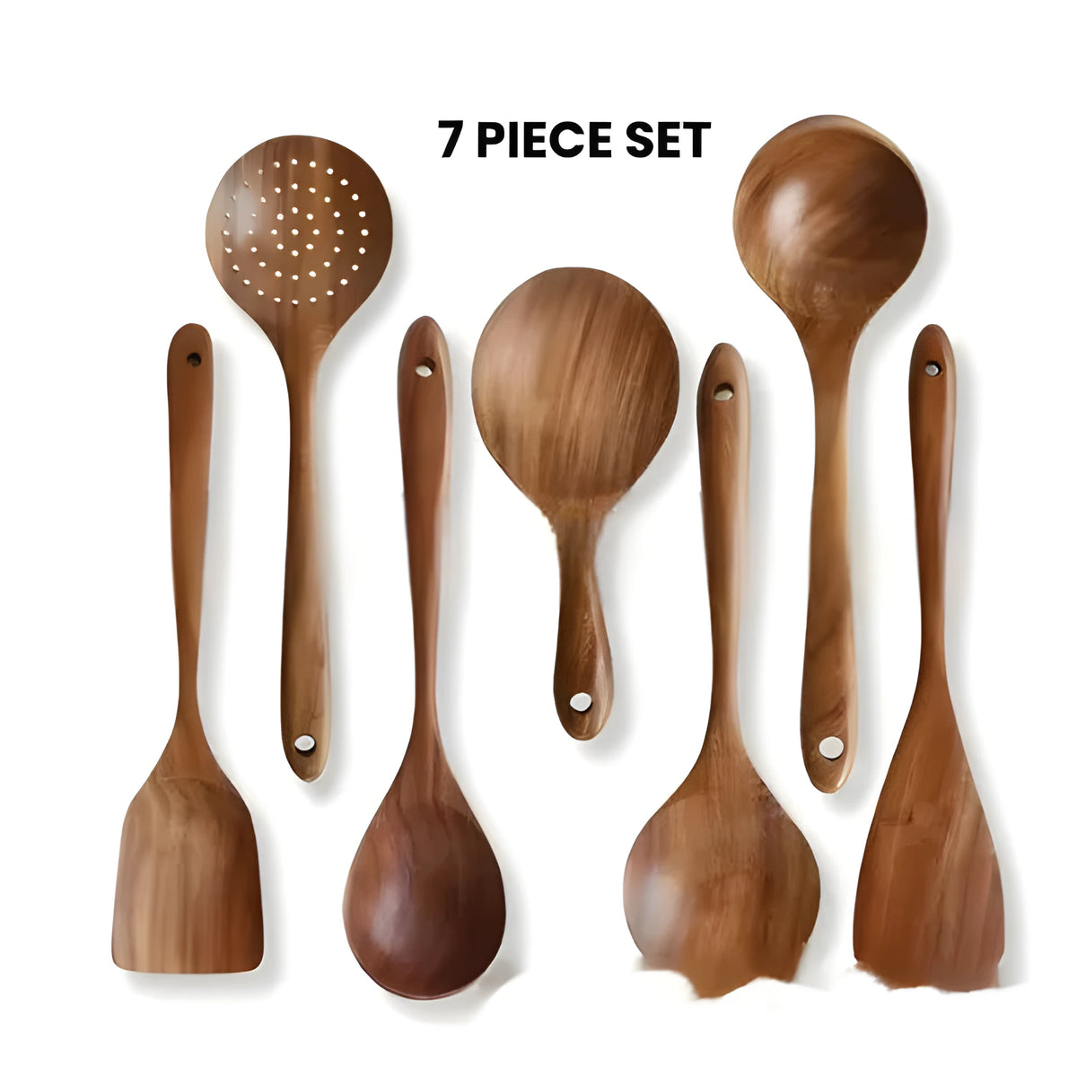 7-piece wooden kitchen utensil set showing spoon, spatula and soup spoon on wooden surface