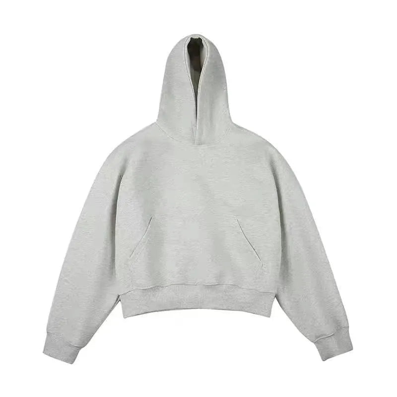 Short dark grey Chinese cotton composite hooded sweater with a removable hood on a model.