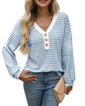 Women's V-neck pullover top with patchwork design and long sleeves in loose casual fit