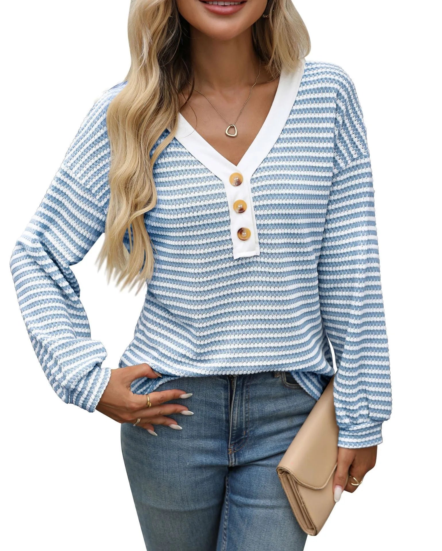 Women's V-neck pullover top with patchwork design and long sleeves in loose casual fit