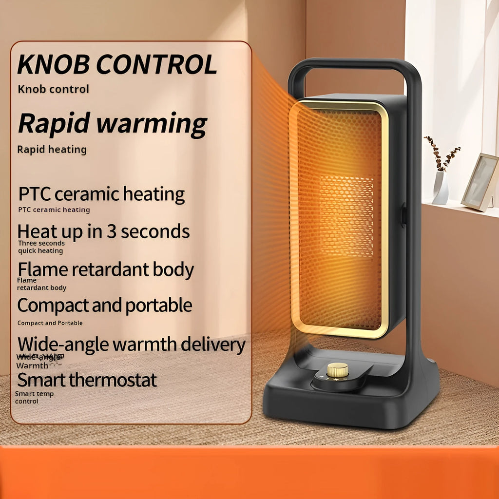Black desktop PTC ceramic heater with knob control, measuring 14.9x11.1x33.5 cm