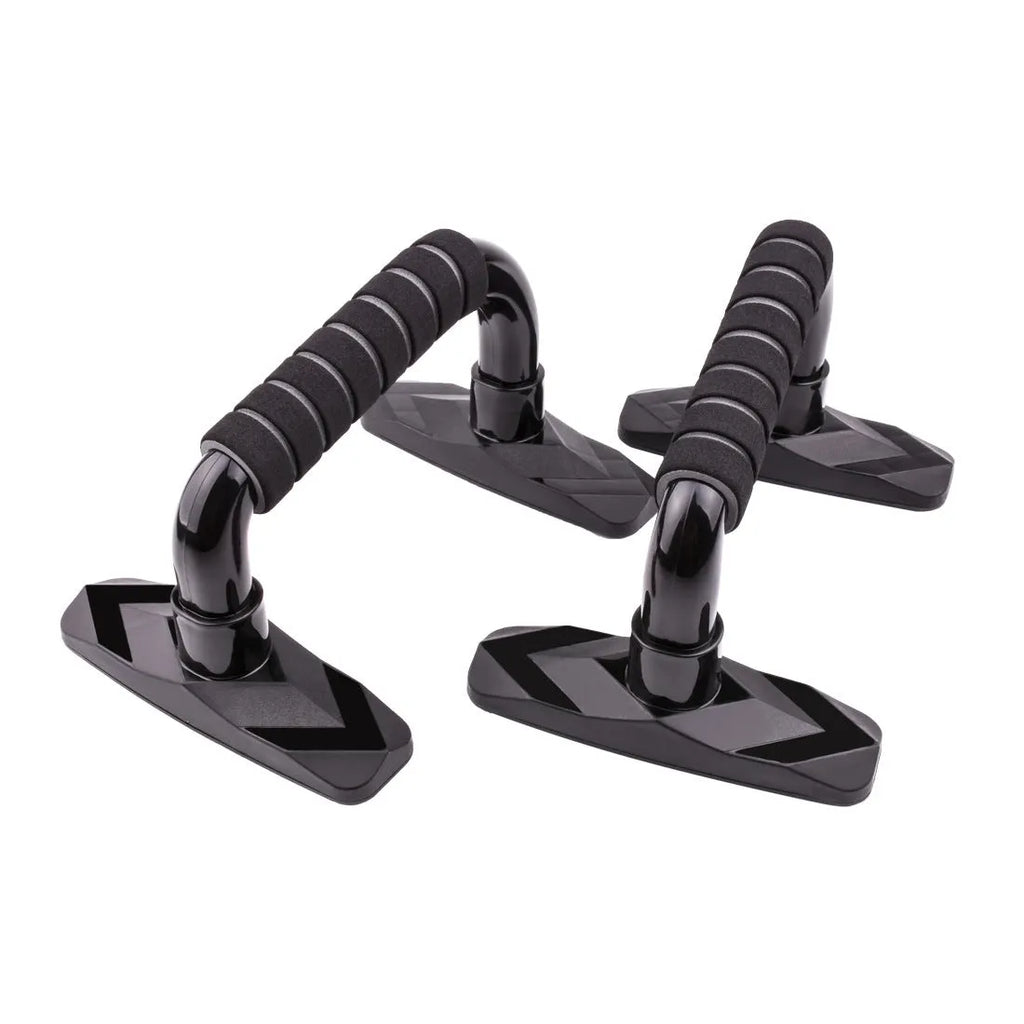 A pair of I-shaped blue push up bars made from PP sponge on a floor.