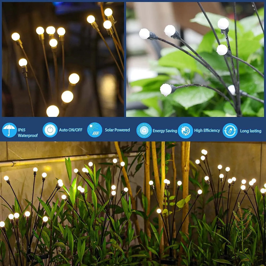 Solar-powered LED ground lamp with multiple heads inserted in garden soil alongside pathway