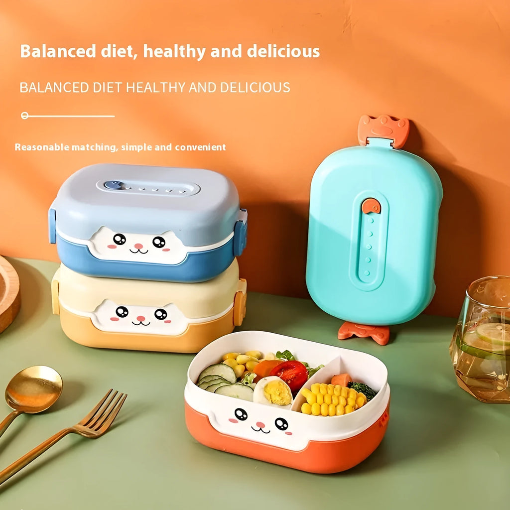 Square plastic divided lunch box with cartoon styling and microwave compatibility