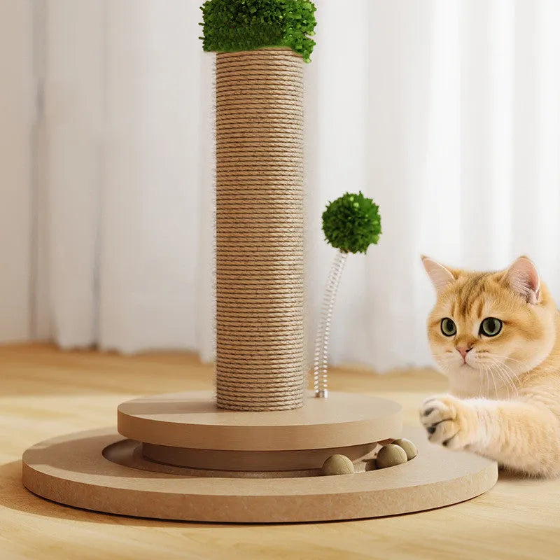 Vertical cat climbing frame with hemp rope posts and a density board platform in a canna colour.