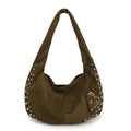 Soft plush strapless tote handbag in retro style, shown in black, red, brown, and green colour options.