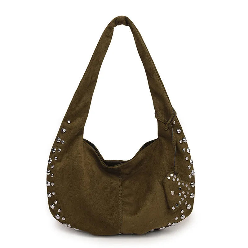 Soft plush strapless tote handbag in retro style, shown in black, red, brown, and green colour options.