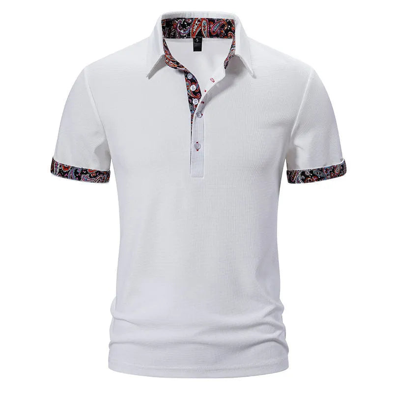 Men's white cotton blend polo shirt with colour stitching and short sleeves on a hanger.