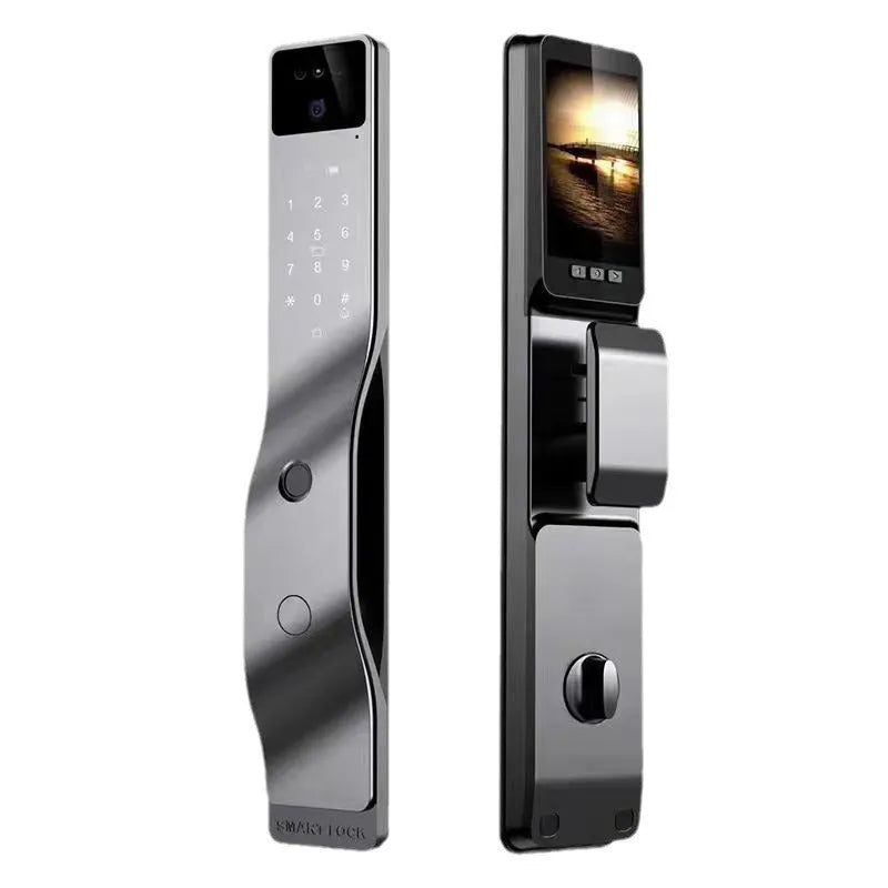 Smart door lock with face recognition camera and fingerprint scanner in aluminium alloy housing